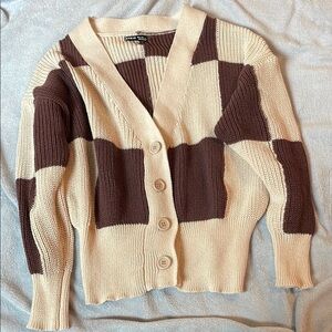 SHEIN Brown and Cream Geometric Chunky Cardigan Sweater